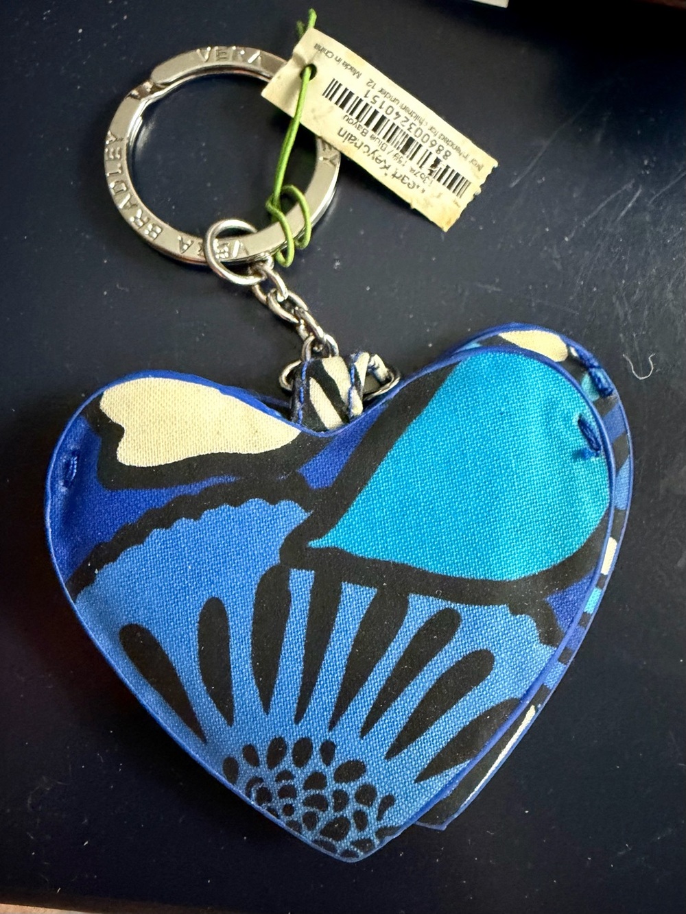 Vera Bradley Blue Floral Heart Key Chain with Black and Cream Accents